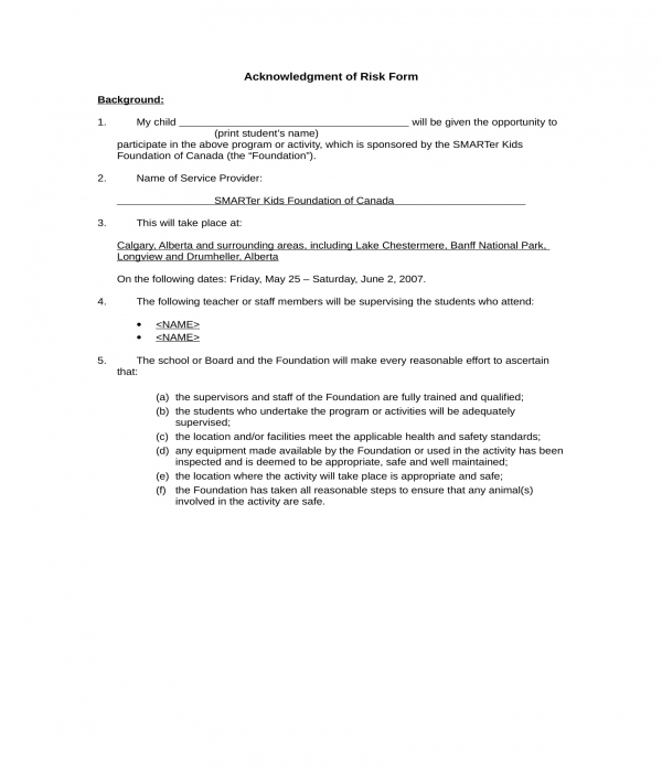 acknowledgment of risk form in doc