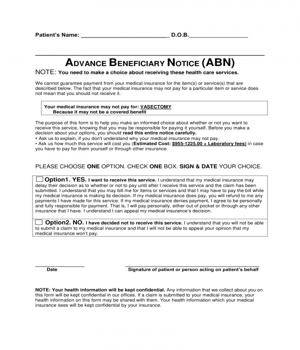 advance beneficiary notice form sample