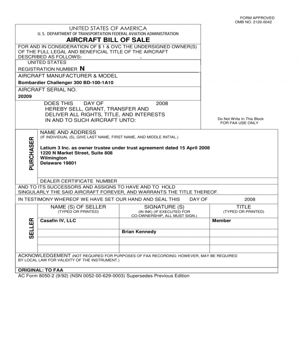 Free 2 Aircraft Bill Of Sale Forms In Pdf Ms Word 6216