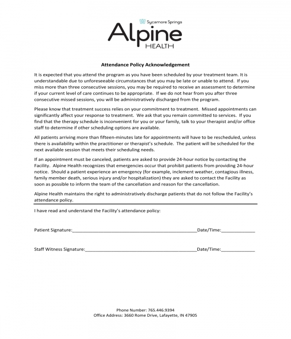 attendance policy acknowledgement form