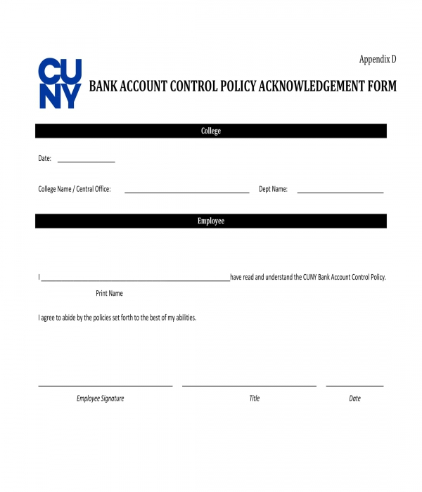 bank account control policy acknowledgment form