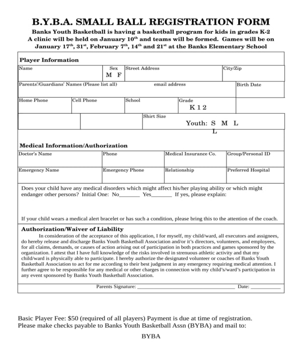 basketball registration form sample