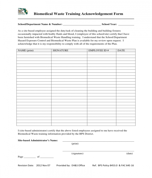 biomedical waste training acknowledgement form