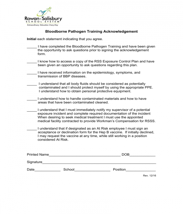 bloodborne pathogen training acknowledgement form