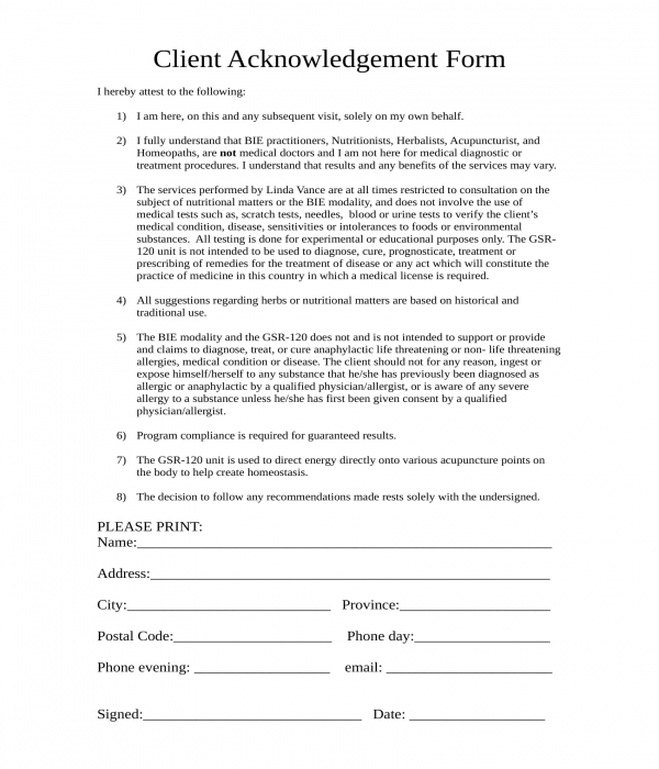 client acknowledgement form in doc