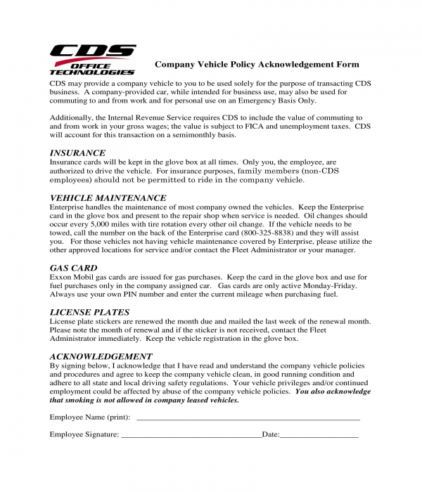 company vehicle policy acknowledgement form