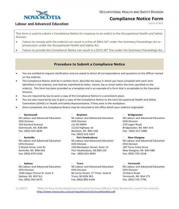 compliance notice form sample