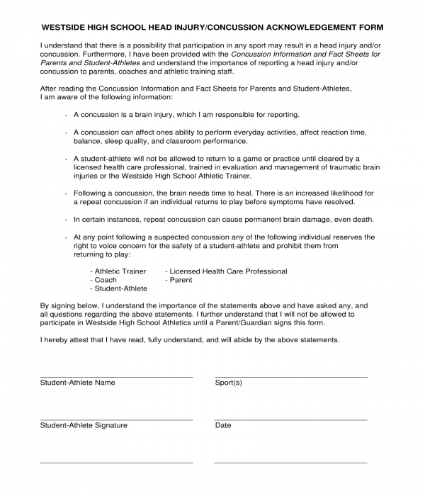 concussion acknowledgment form in doc
