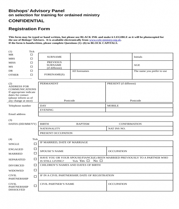 confidential church ministry candidate selection registration form