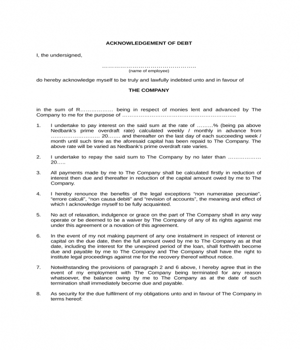 debt acknowledgment form in doc