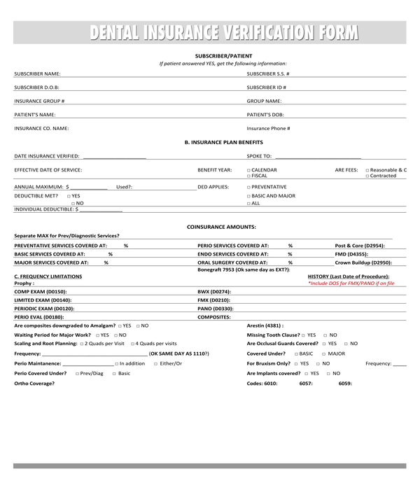 dental insurance verification form sample