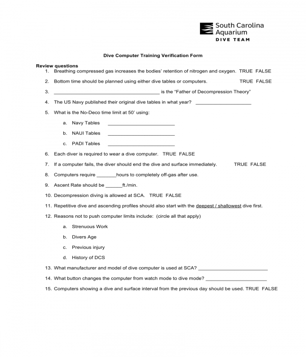 dive computer training verification form