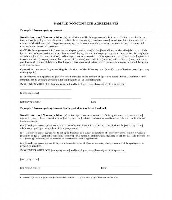 employee non compete agreement form