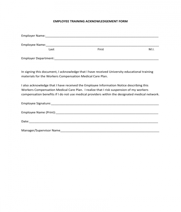 employee training acknowledgment form