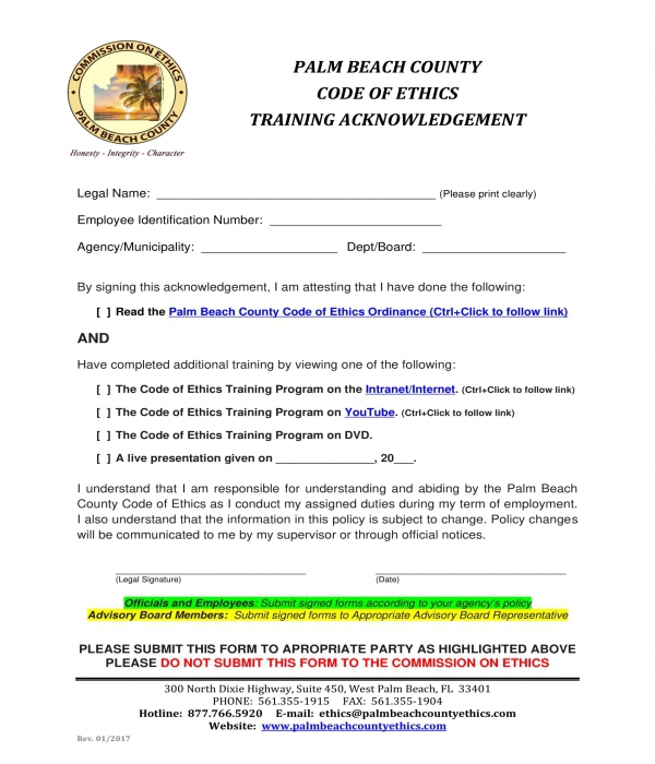 ethics training acknowledgment form