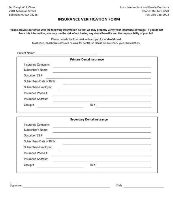 family dentistry insurance verification form