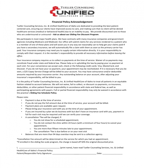 financial policy acknowledgement form