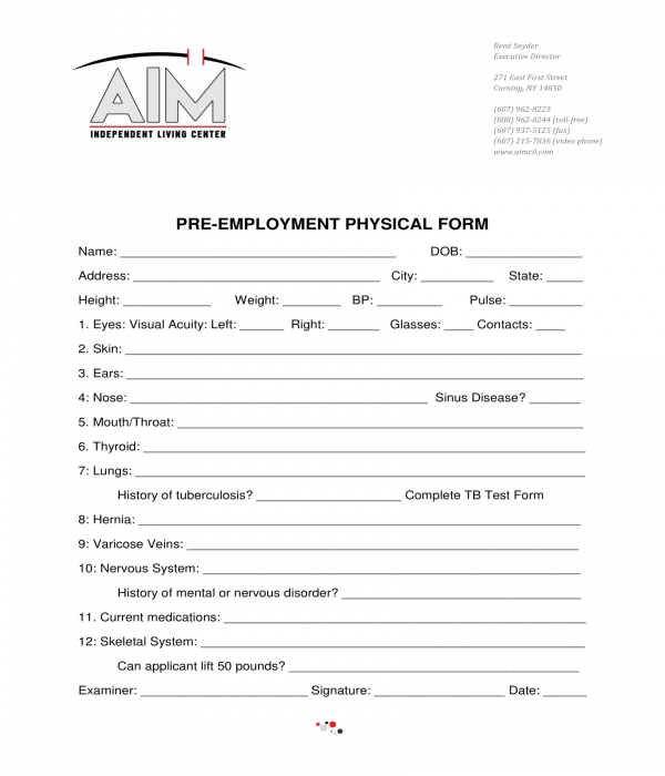 generic pre employment physical form sample