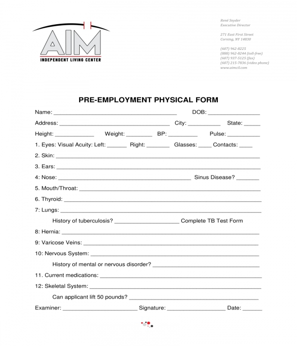 Printable Pre Employment Physical Form 1890