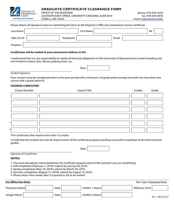 graduate certificate clearance form