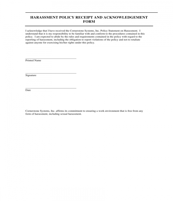 harassment policy acknowledgment form