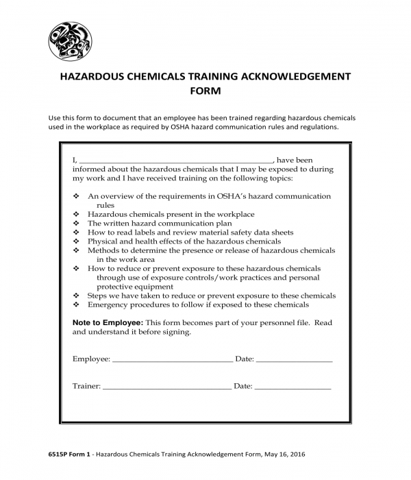 hazardous chemicals training acknowledgment form