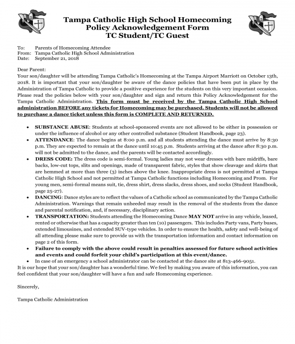 homecoming policy acknowledgement form