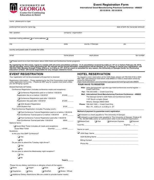 hotel guest event and reservation registration form