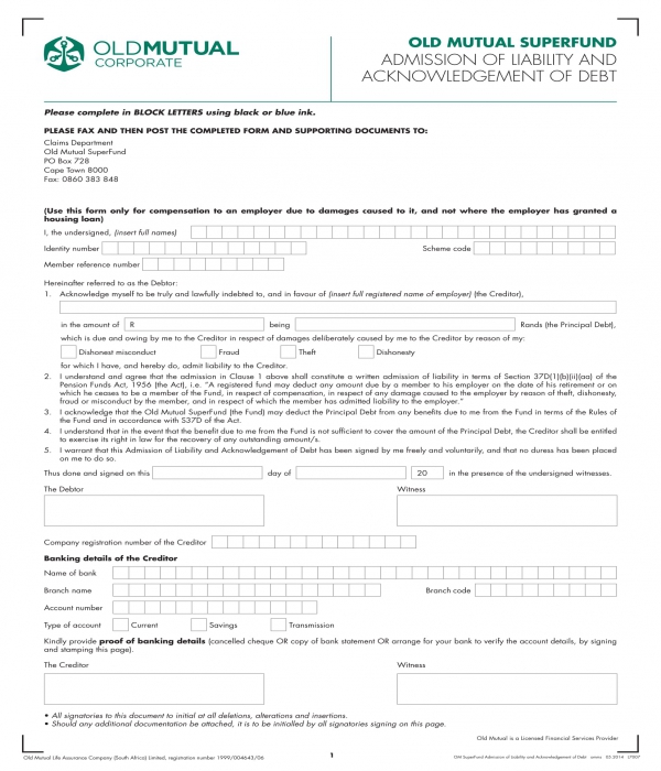 liability admission and debt acknowledgment form