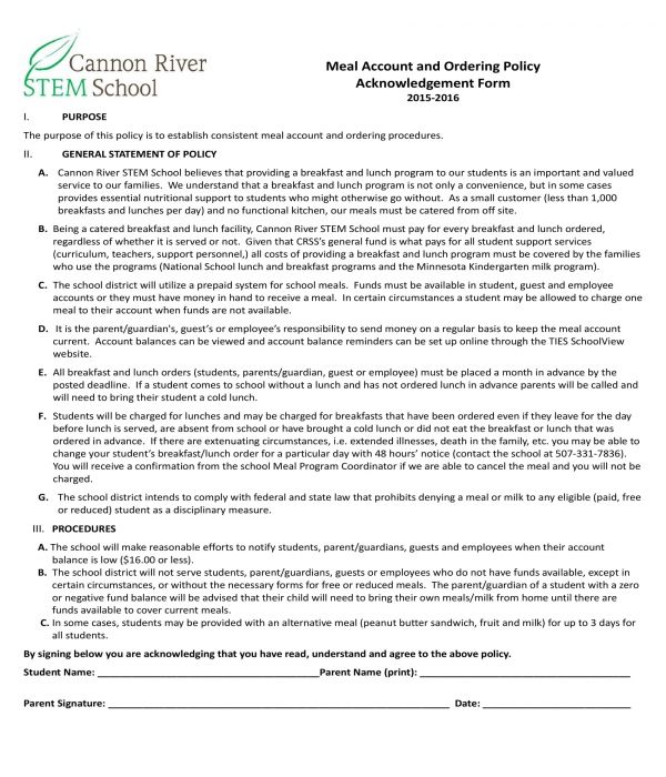 meal account and ordering policy acknowledgement form