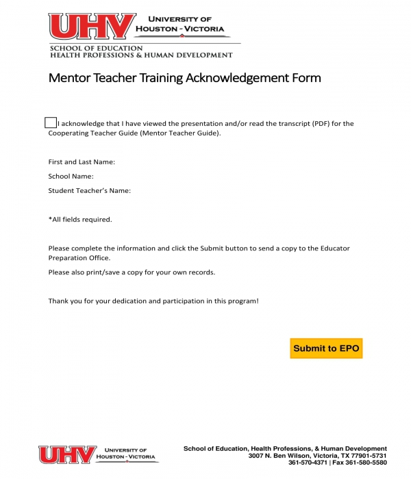 mentor teacher training acknowledgement form