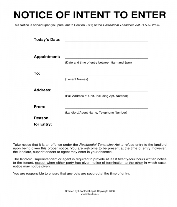 notice of intent to enter form