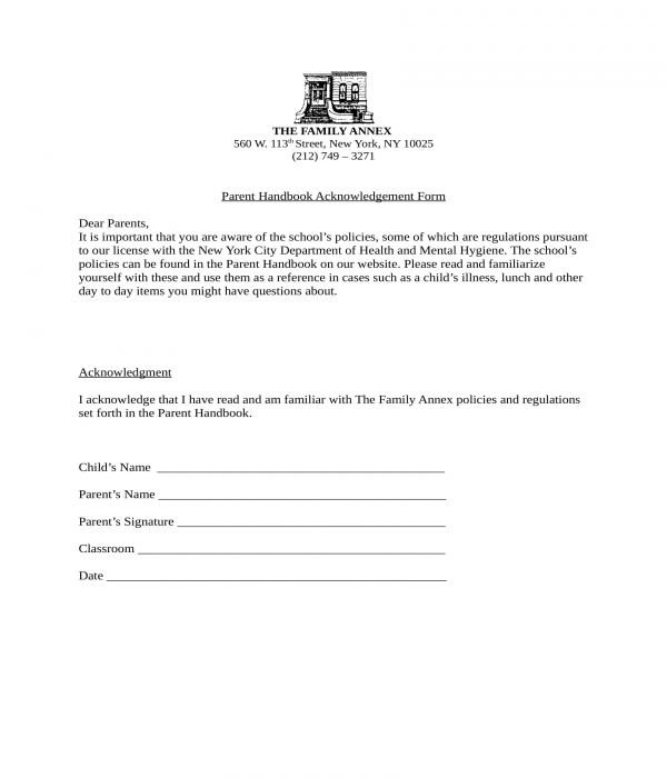 parent handbook acknowledgment form in doc