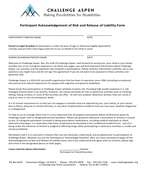 participant acknowledgement of risk and release of liability form