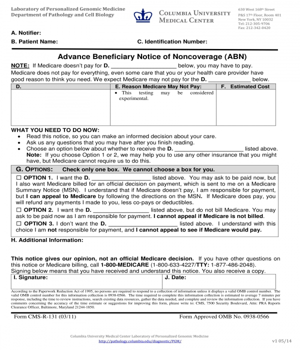 pathology advance beneficiary notice of noncoverage form