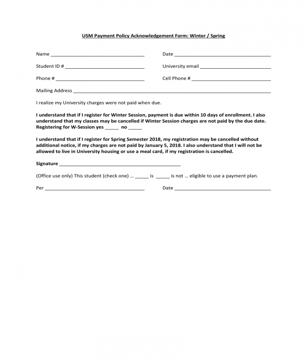 payment policy acknowledgement form