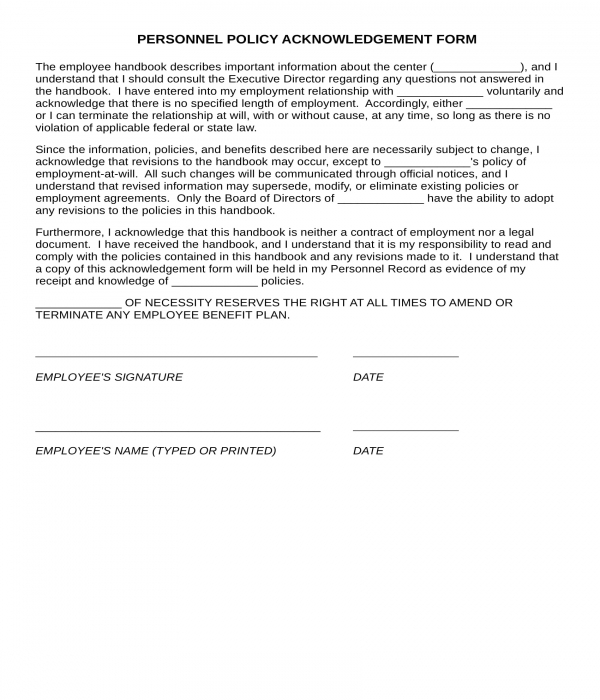 personnel policy acknowledgment form in doc