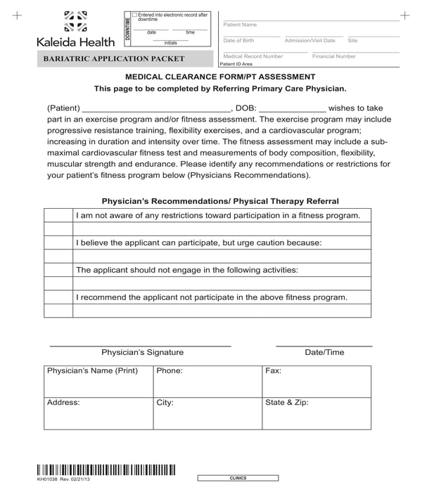 physical therapy assessment medical clearance form