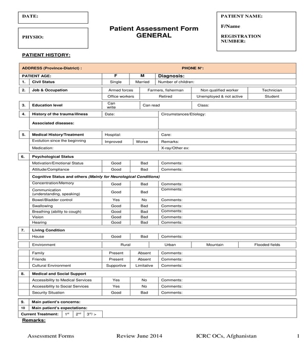 physical therapy patient assessment form