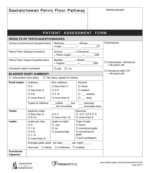 physical therapy patient pelvic floor assessment form
