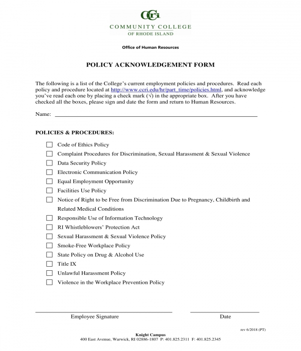 policy acknowledgment form sample