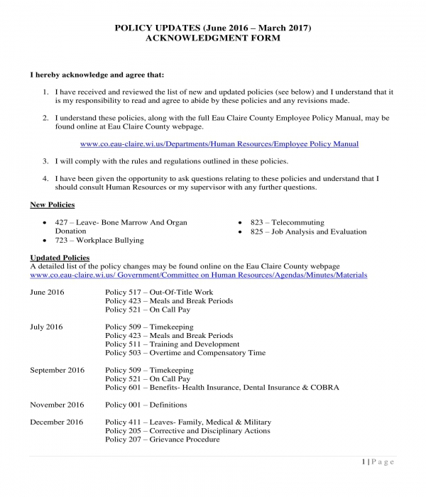 policy update acknowledgment form