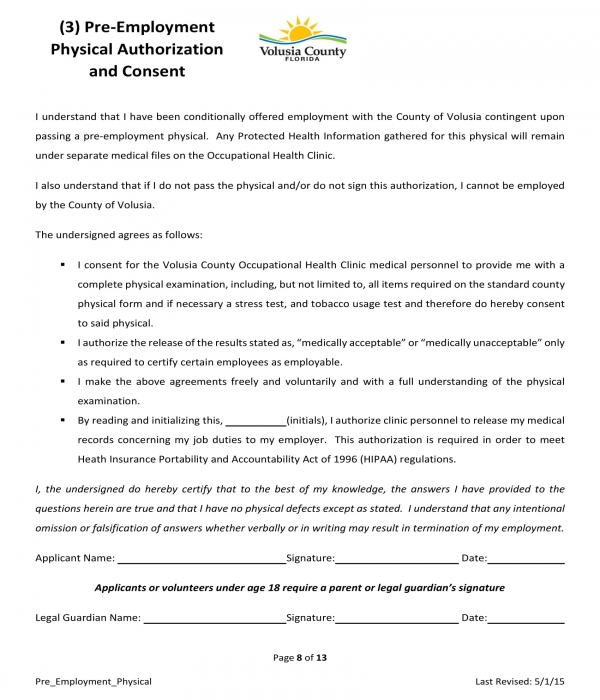 pre employment physical authorization and consent form