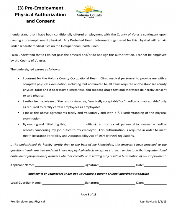 Free 10 Generic Pre Employment Physical Forms In Pdf 9853