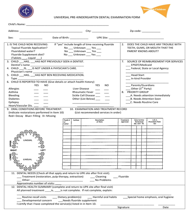 Printable Dental Exam Form Printable Forms Free Online
