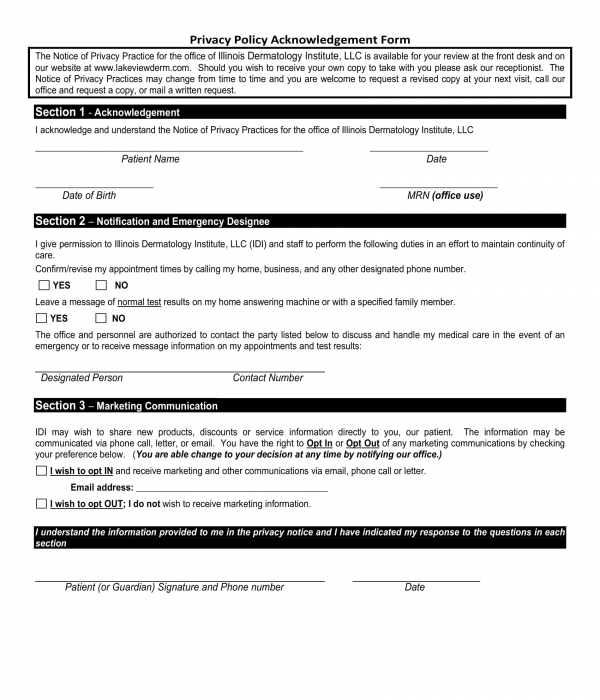 privacy policy acknowledgement form