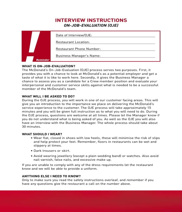 restaurant on job evaluation interview instructions form