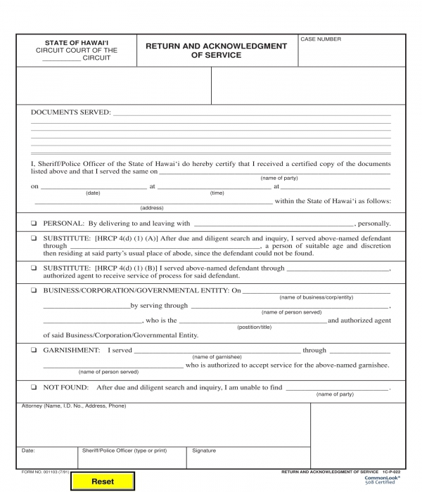 return and acknowledgment of service form