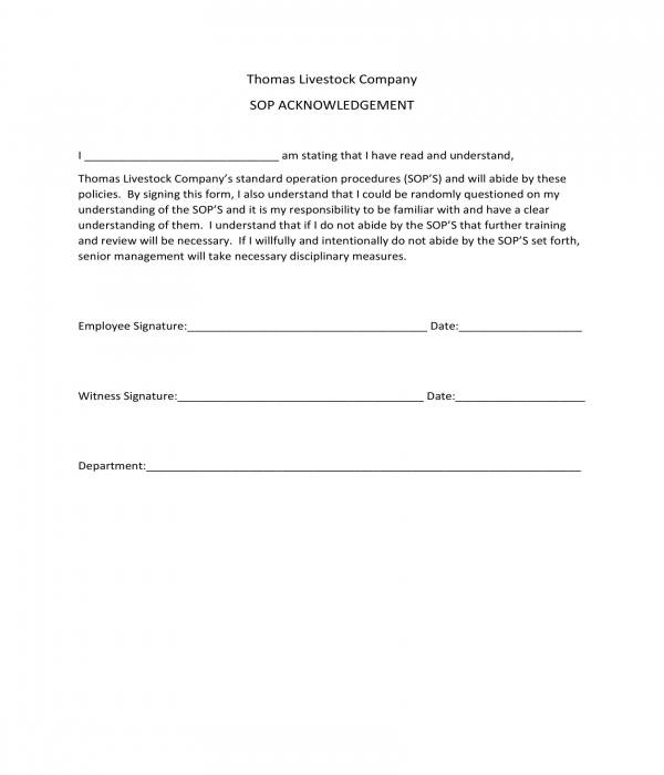 sop acknowledgment form sample