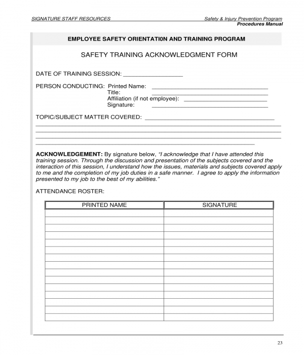 safety training acknowledgment form